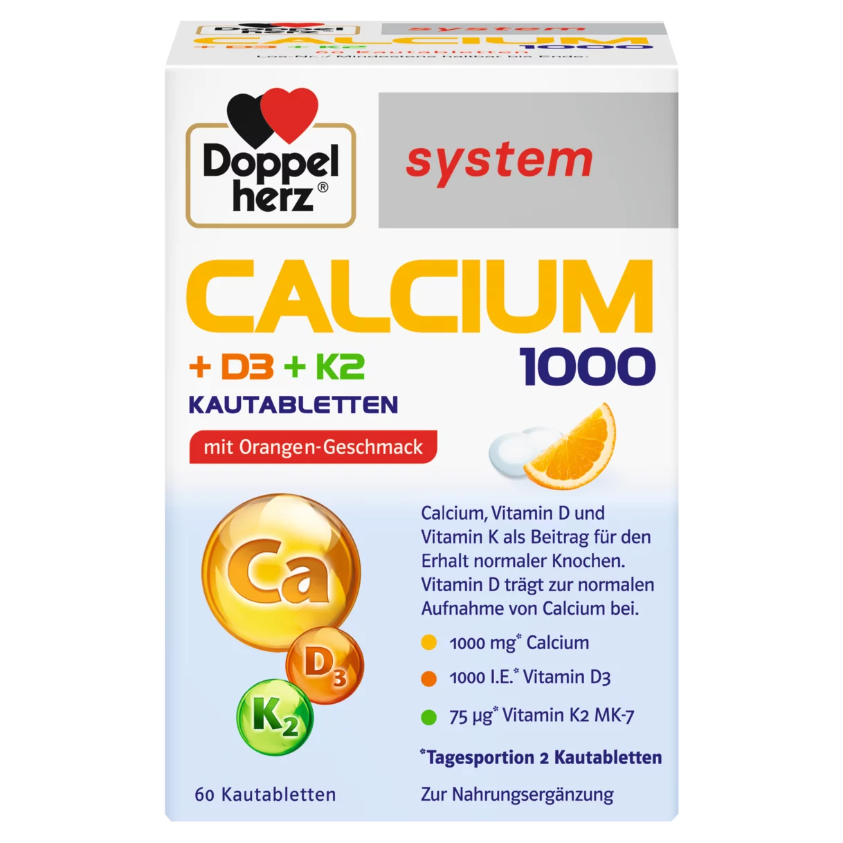 Abbildung der Produktverpackung Doppelherz system CALCIUM 1000 + D3 + K2 Frontansicht